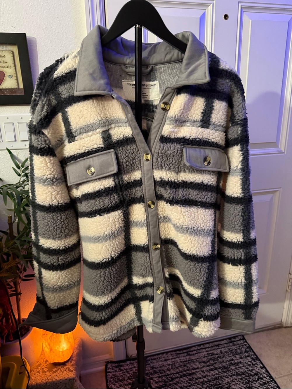 The Sweatshirt Project Plaid Sherpa Fleece Shacket Jacket XL Gray Contrast Trim - Picture 2 of 7